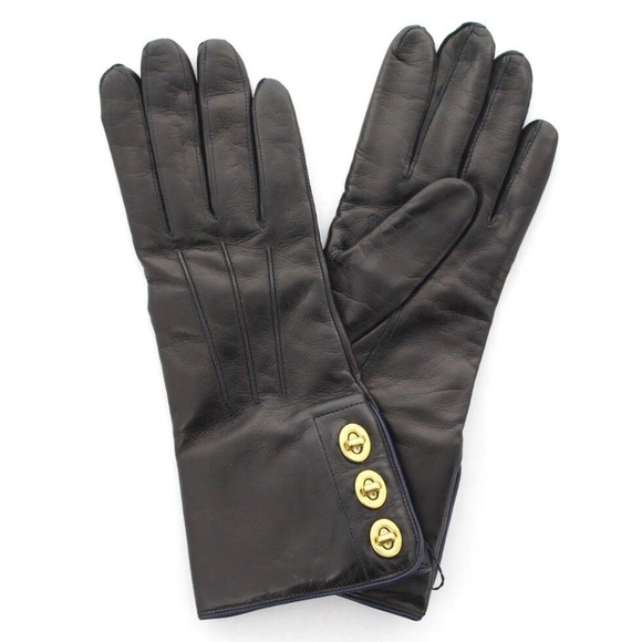 Coach Black Leather Gloves, Gold Triple Turnlock, Cashmere Lined, MSRP $168 - Picture 2 of 3